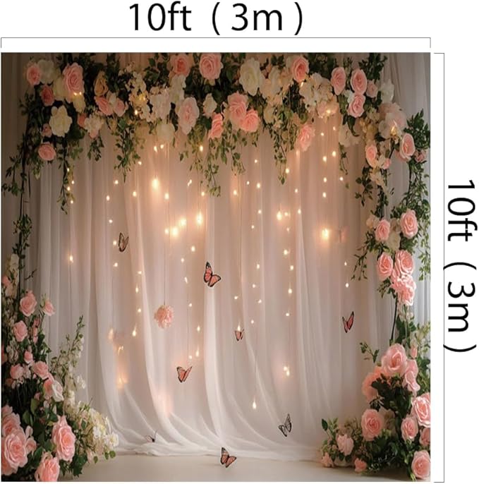 10x10ft Pink White Rose Flowers Wedding Backdrop White Curtain Glitter Light Butterfly Decoration Photography Background Children Baby Shower Birthday Party Backdrop for Video Studio Prop