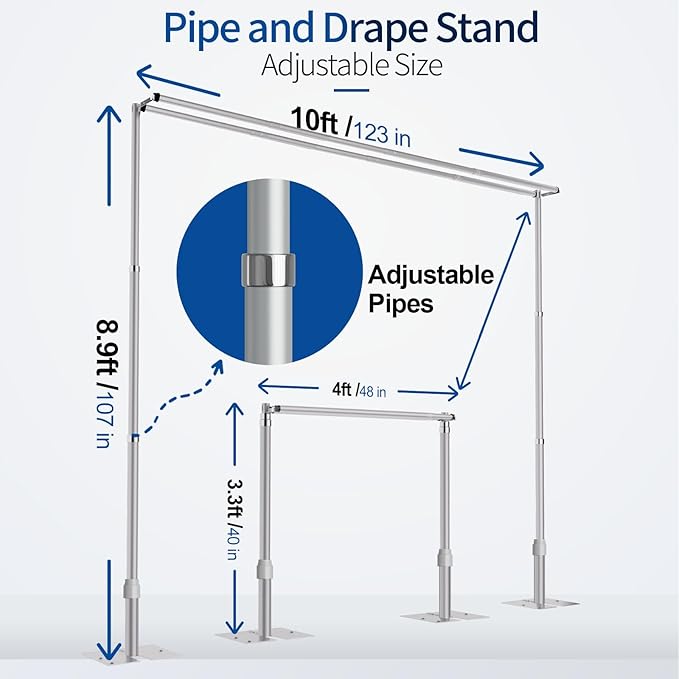 8.9x10ft Pipe and Drape Backdrop Stand, Double Crossbar, Heavy Duty Adjustable Background Frame with Metal Base for Parties Photography Wedding Photoshoot Decoration