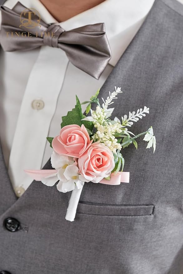 TINGE TIME Boutonniere for Men Wedding,Groom and Best Man Boutonniere for Wedding Ceremony Anniversary, Formal Dinner Party and Rustic Spring Wedding Marriage (10, PeachPink&White)