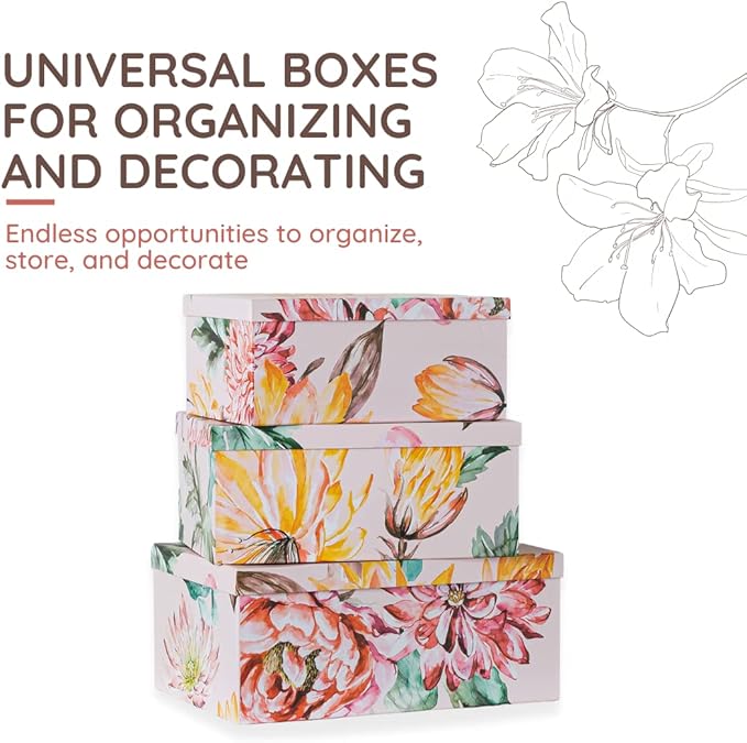 Soul & Lane Decorative Cardboard Storage Boxes with Lids for Home Decor and Organization, Set of 3 Large Keepsake Boxes for Memories & Gifts, Nesting Floral Photo Storage Containers, Beauty in Bloom