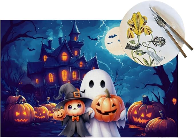 PVC Placemats Set of 1 Wipeable Table Mats Washable Heat Resistant Non Slip Vinyl Dining Table Mat for Kitchen Indoor Outdoor Patio Farmhouse Place Mats Halloween Castle Pumpkin Ghosts Decorative