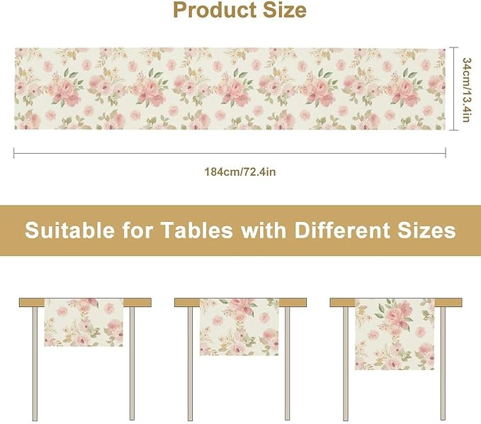 Vintage Rose Table Runner, Watercolor Romantic Pink Floral Blossoms Table Runner for Kitchen Dining Holiday Party Home Decor, 13x120 Inch