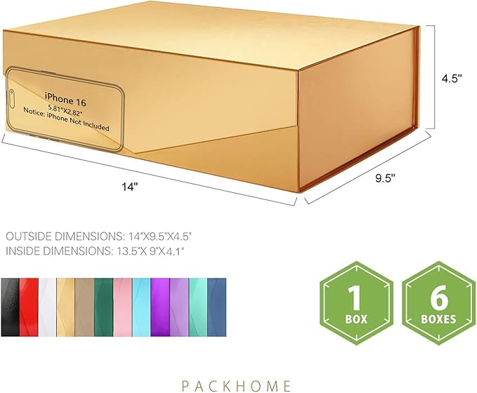 PACKHOME 6 Large Christmas Gift Boxes with Lids 13.5x9x4.1 Inches, Sturdy Collapsible Gift Boxes with Magnetic Closure for Xmas (Glossy Gold)