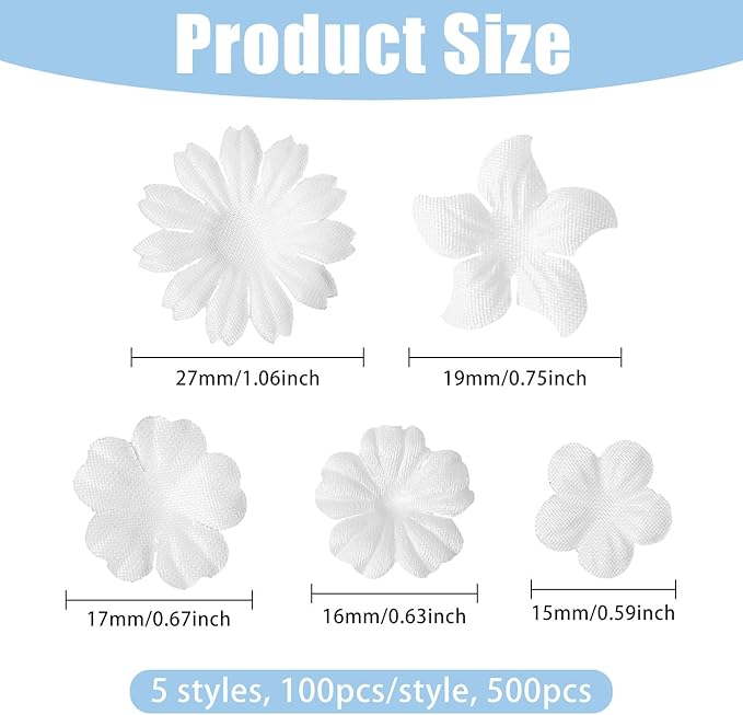 CHGCRAFT 500 Pcs 5 Style Handmade Flowers White Cloth Flower Head for Greeting Card Scrapbooking DIY Crafting