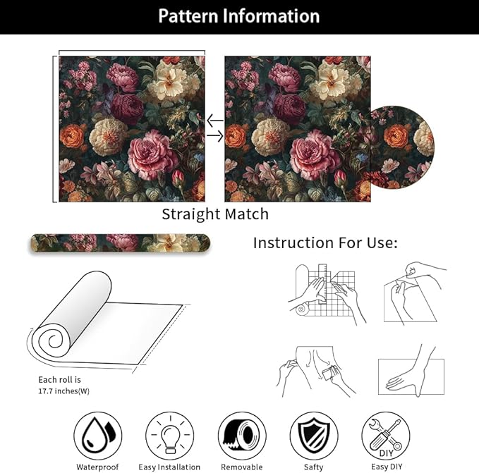 Vintage Dark Black Purple Red Flowers Leaf Botanical Floral Peel and Stick Wallpaper Easy Peel Off Contact Paper Stick on Adhesive Wall Paper for Bathroom Waterproof Renter Friendly