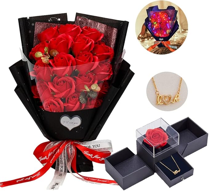 EIGHTOWN Roses Bouquet Artificial Flower - Preserved Red Rose Flowers with Love Necklace for Her - Unique Gifts Valentine's Day, Mother's Day, Thanksgiving, Birthday, Anniversary