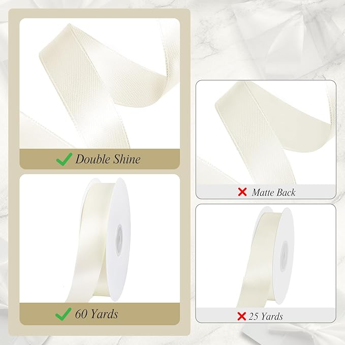 Ivory Satin Ribbon 1 inch 60 Yards Double Faced Cream Ribbon for Crafts Hair Bows Gift Wrapping Home Decor Wedding Invitation Christmas Decorations