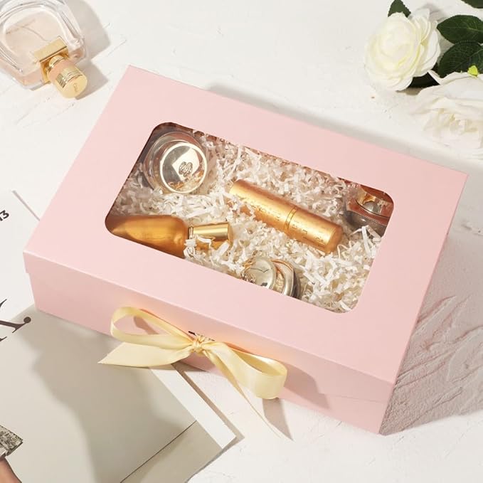 5 Pcs Pink Gift Box for Presents with Ribbon 10.8x7.5x3.5 Inches Clear Gift Box with Window Magnetic Closure Gift Boxes with Lids