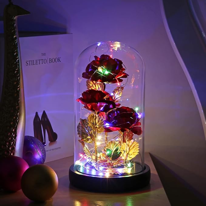 Christmas Flower Gifts for Women,Anniversary Rose Galaxy Flower Rose in Glass Dome,Light Up Rose Flowers with 2 Light Modes, Enchanted Rose Gifts for Women for Christmas Birthday Valentines Wedding