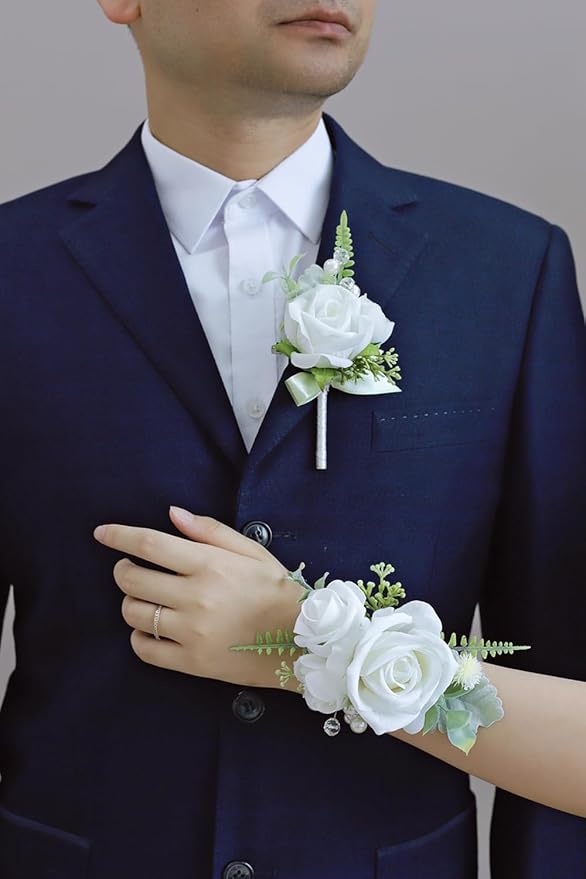 White Green Corsage and Boutonniere Set, Prom Wedding Homecoming Wrist Corsage Wristlet and Boutonniere Set for Grooms Groomsmen Guest Bridal Bridesmaid Artificial Flower Suit Decoration