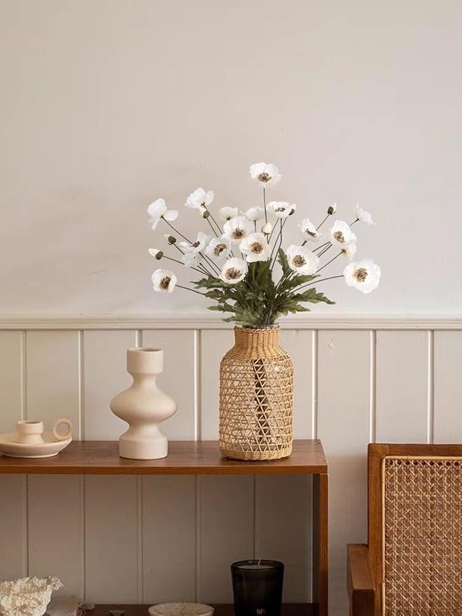 IPOPU White Artificial Poppy Flowers 6pcs Poppies White Artificial Flowers with Stems Silk Flower Arrangements for Wedding Centerpieces for Home Table Bridal Shower Party Decorations (White)