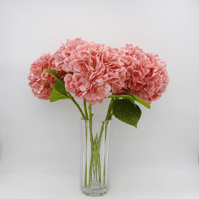 Fake Hydrangea Artificial Flowers with Stems 6 PCS 19.3" Latex Faux Hydrangea Flowers Bulk Real Touch for Vase Indoor Home Decoration Wedding Centerpieces Arrangements (Coral)
