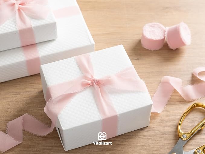 Vitalizart Blush Pink Chiffon Silk Ribbon 1" x 21 Yd Fringe Fabric Package (3 Rolls * 7 Yd) for Wedding Invitations Bridal Bouquets Decorations Gifts Wrapping & Bow Making Light Pink