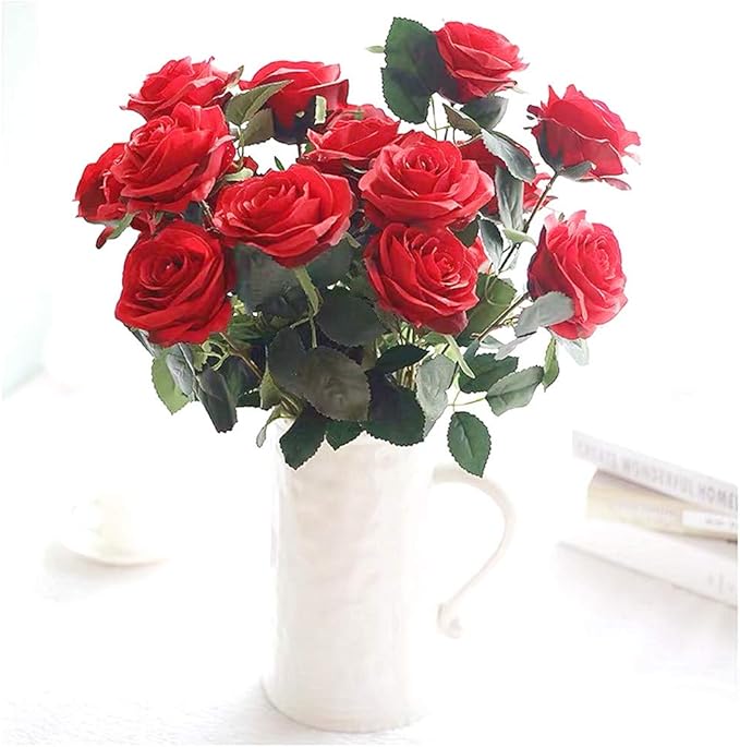 Jasion Artificial Roses 10 Heads Faux Flower Arrangement Silk Bouquet for Home Office Parties and Wedding Decoration (Red)