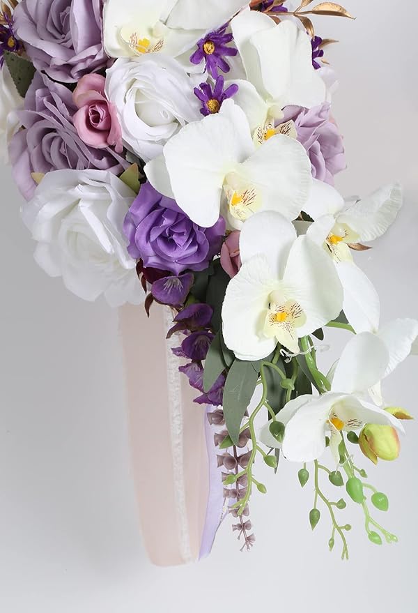 Bridal Bouquets for Bride, 11 Inch Artificial Flowers Bridal Bouquet Cascading Wedding Bouquets for Bride for Wedding Ceremony and Anniversary(White Purple)