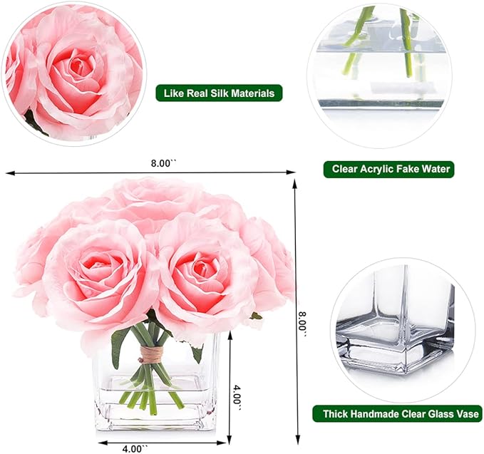 7 Large Stem Pink Rose Artificial Flowers in Vase, Fake Rose with Fake Flowers in Vase for Home Decor, Wedding Table (Pink)