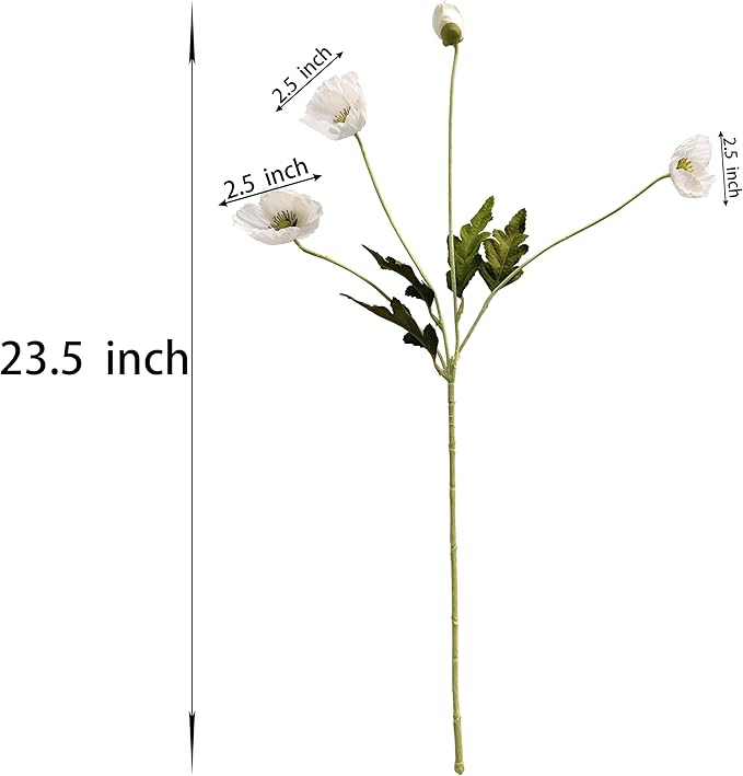 ATFL White Poppy Flowers Artificial for Wedding Decorations,12 Pcs Fake Faux Silk Poppies Bulk for Home Decor Table Centerpieces Floral Arrangement (23.5‘’, White)