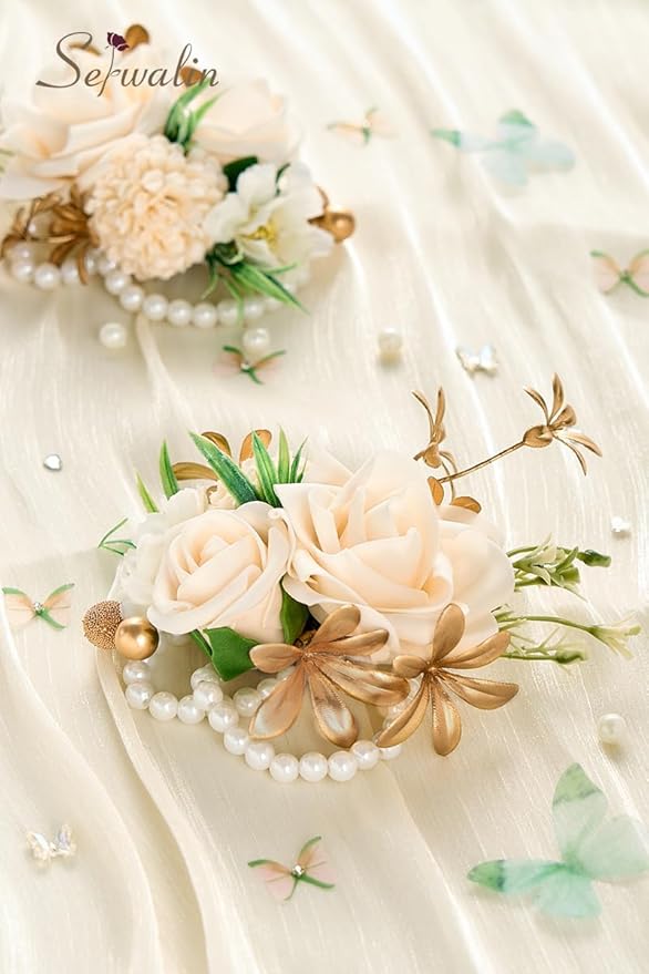 Serwalin 2 Pcs Champagne Wrist Corsage for Wedding, Corsages Wristlet for Bridesmaid Mother Grandmother, Artificial Flowers for Prom Ceremony Anniversary