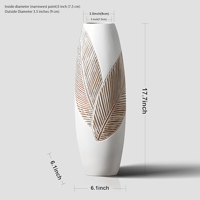 Modern Large Floor Vase White Home Decor Flower Vases 17.7 Inch Tall Resin Vase Tree Leaf Texture Decor Vases for Entryway Living Room Mantel