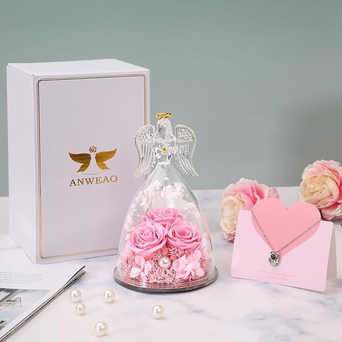 Christmas Angel Gifts for Women Gift for Mom,Preserved Real Rose in Glass Angel Figurines with Angel Necklace,Preserved Flower Birthday Gifts for Women Mom Wife Girlfriend for Thanksgiving Xmas Gift