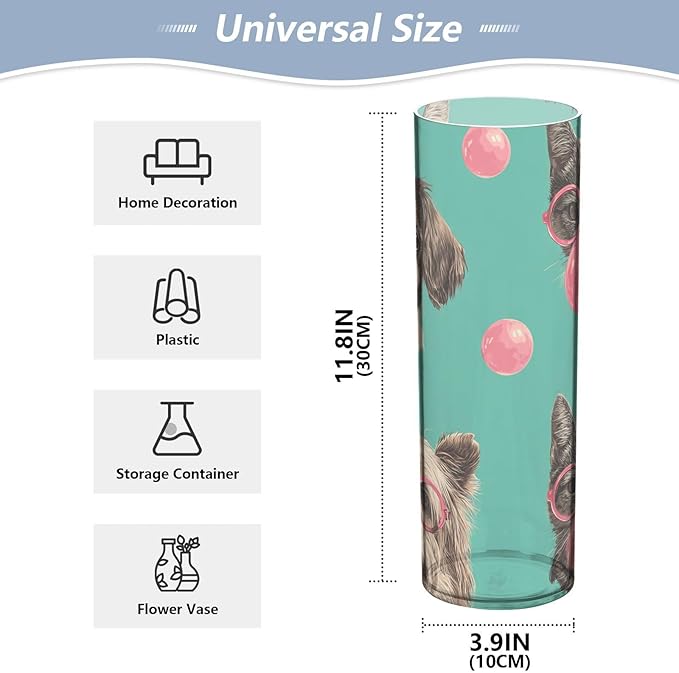 Flower Vase Clear Plastic Cylinder Vases Decor for Centerpieces Home Storage Office Weddings Pink Glasses Cats Dogs and Bubbles 11.8 x 3.9 in