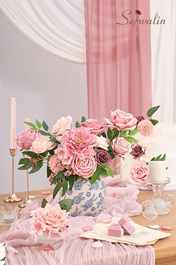 Serwalin Artificial Pink Flowers Fake Flowers Cake Flowers Silk Flowers Wedding Spring Rose for Decoration DIY Craft Combo Centerpieces Bridal Bouquet Home Decor