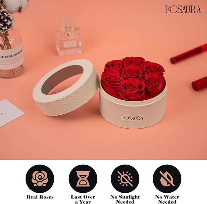 Rosaura Round Preserved Roses Gift Box - Real Forever Flowers for Birthday, Valentine's & Mother's Day (red, 7 Roses)