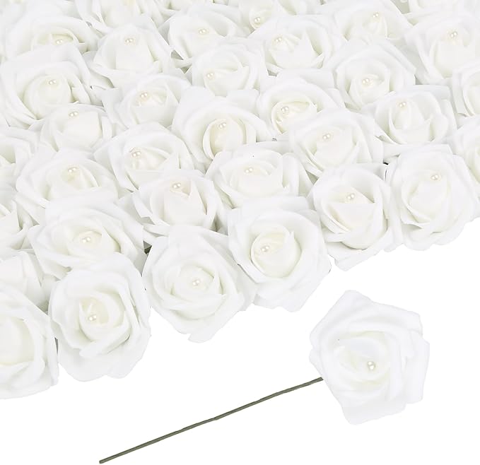 50PCS Foam Roses with Pearls 2.56in White Roses Artificial Flowers Bulk Foam Flowers with Stem for Wedding, Bridal Shower, Cake, Graduation and Home Decor(White)