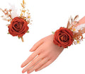 Meldel Burnt Orange Wrist Corsage and Boutonniere Set, Flower On Wrist for Bride Bridesmaid Wedding, Boutonniere for Men Groom Groomsman Wedding Accessories Prom Party Suit Decorations