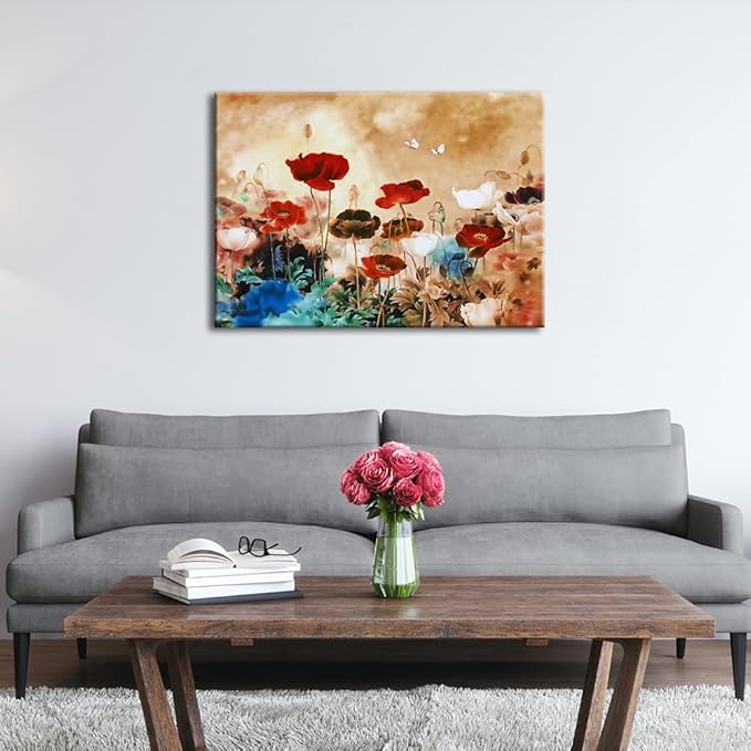Wieco Art Giclee Canvas Prints Wall Art Blooming Poppies Modern Gallery Wrapped Grace Contemporary Flowers Artwork Colorful Floral Pictures Paintings Ready to Hang for Bathroom Home Decorations