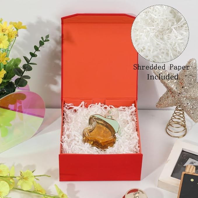1 Pcs 6x6x3 Inch Red Magnetic Gift Box Small Magnetic Box with Crinkle Paper Red Small Gift Box with Shredded Paper Luxury Gift Boxes with Lids for Presents