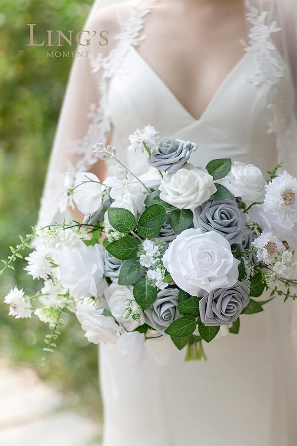 Ling’s Moment Artificial Flowers 25Pcs Silver & Grey Roses Decor w/Stems,3" Real Touch DIY Foam Floral for Wedding Bouquet/Centerpieces, Outdoors Party Backdrop, Room/Table, and Garden/Pot Decorations