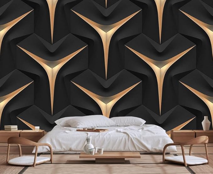 Golden Stripe 3D Geometric Black Background Wallpaper, Large Wall Background Mural, for Various Occasions Background Decoration(Non-self-Adhesive)