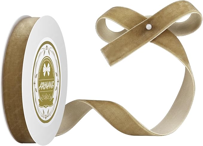 Light Brown Velvet Ribbon 5/8 Inches x 5 Yards for Gift Wrapping, Crafts, Christmas Tree, Wreath, Bow Making, Vintage Fabric Copper on The Spool for DIY