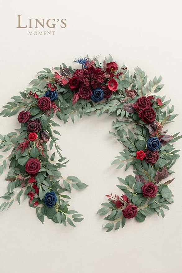 Ling's moment Flower Garland - 6FT Eucalyptus & Rose - Sweetheart Table Decor for Wedding Reception, Artificial Floral Garland for Mantle, Thanksgiving, Christmas Decoration, Burgundy & Navy