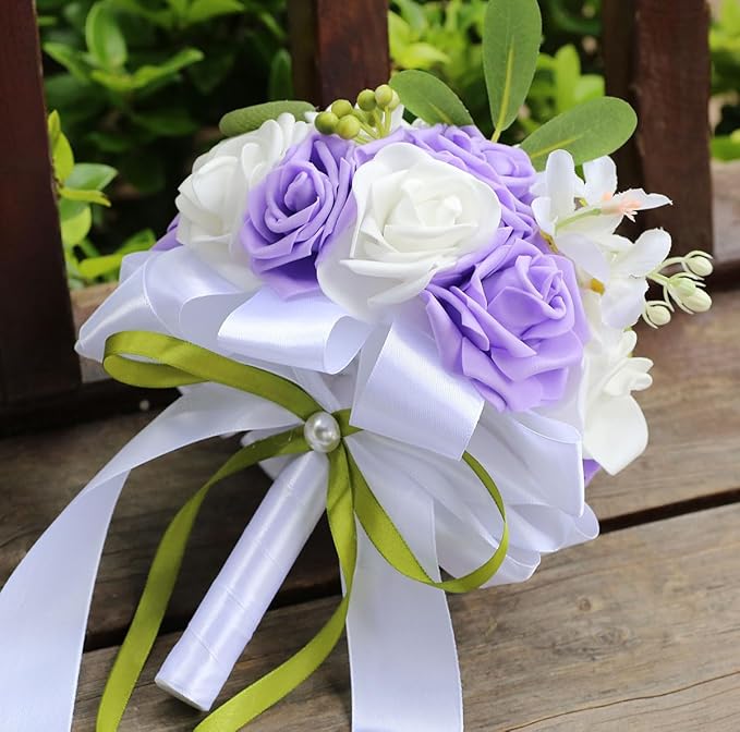 Lightweight Bridal Wedding Bouquet Round Holding Bouquet Throw Toss Artificial Rose Flower Bunch for Bride Bridesmaid Wedding Quinceanera (White & Mid Purple, 7.9")