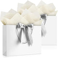 JMANNI Gift Bags, 2Pcs Paper Gift Bag with 4 Tissue Papers and 2 Cards, Present Bags with Handles for Women Girls Bridesmaid Birthday Valentines Wedding Party, White