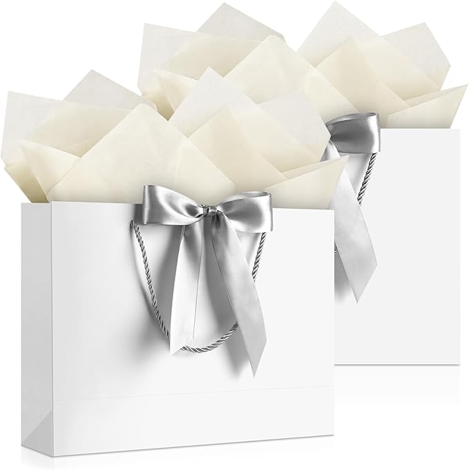 JMANNI Gift Bags, 2Pcs Paper Gift Bag with 4 Tissue Papers and 2 Cards, Present Bags with Handles for Women Girls Bridesmaid Birthday Valentines Wedding Party, White