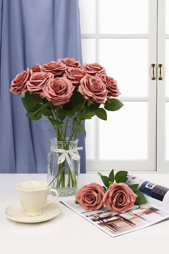 30 Pcs Artificial Rose Flower Dusty Rose Flowers Silk Flowers with Long Stem Silk Roses Bouquet for Wedding Bridal Shower Party Home Decoration
