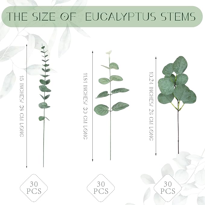Giegxin 90 Pcs 3 Kinds Mixed Eucalyptus Leaves Stems Bulk Artificial Silver Dollar Leaves Picks Dried Eucalyptus Bundle Faux Spray for Wedding Vase Bouquet Floral Arrangement (Green)
