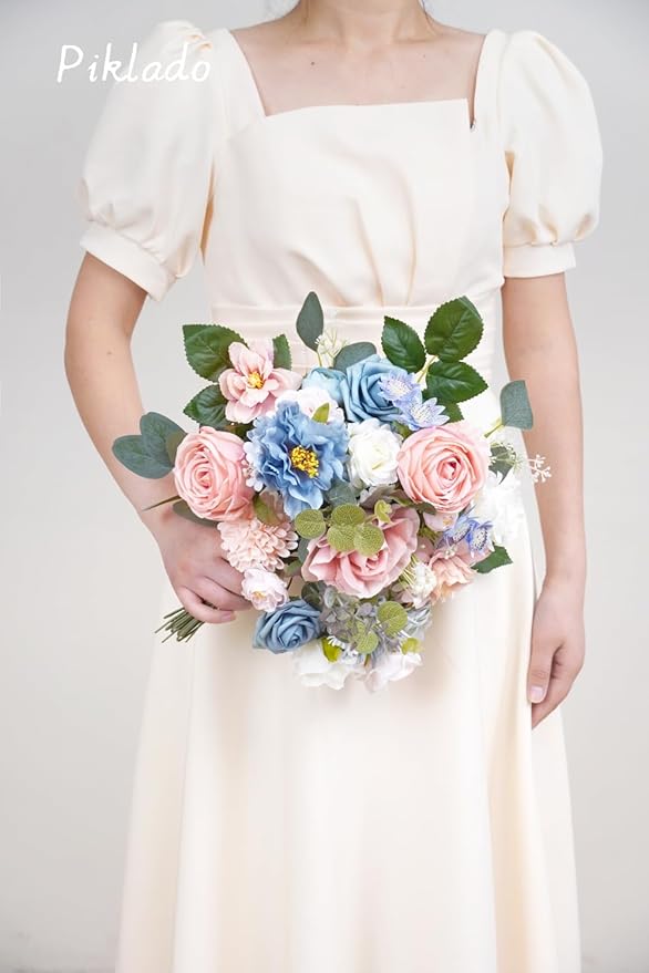 Artificial Flower Combination Box Set Artificial Flower Loose Leaves and Stems DIY Wedding Center Bouquet Bride Wedding Baby Shower（Nostalgia Blue Powder）