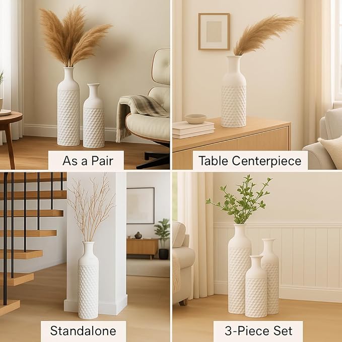 Leewadee Set of 3 Large Floor Vases – Decorative Tall Metal Vases in White (27/20/16 inches) – Elegant Home Decor for Stylish Interiors