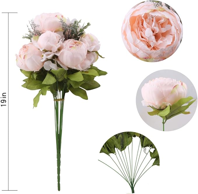 Flojery Silk Peony Bouquet Vintage Artificial Peonies Flower for Home Wedding Party Decor (1pcs, Peach Pink)