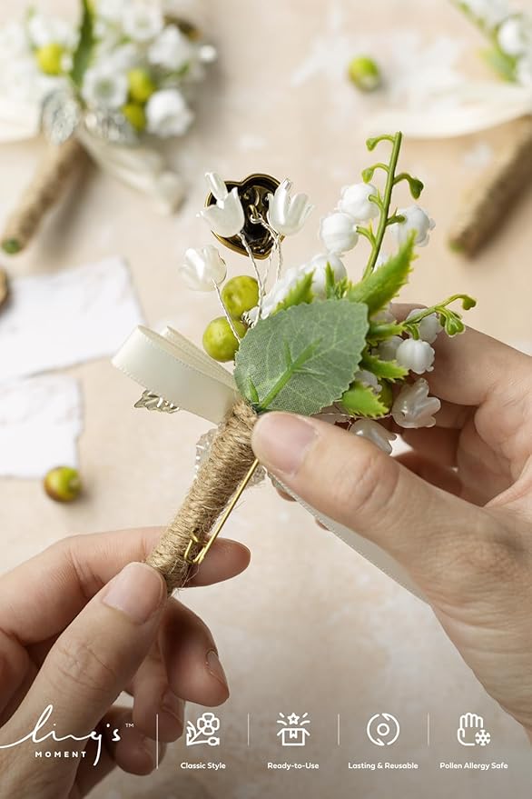 Ling's moment Boutonniere for Men, 6pcs Groom Groomsmen Boutonniere, Artificial Flowers for Wedding Decor/Prom/Homecoming, etc.White Lily & Olive