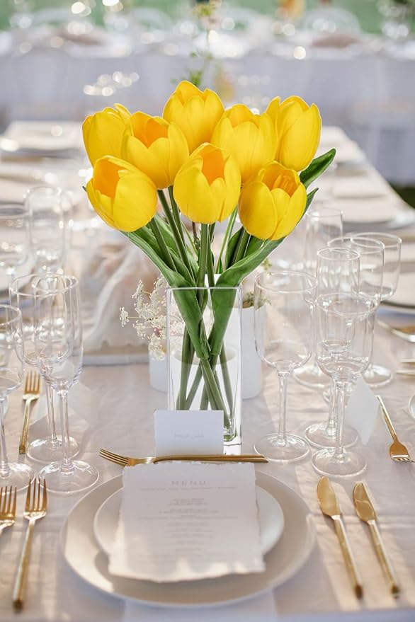 Briful Fake Flowers Artificial Tulip Flower in Clear Vase, Yellow Real Touch Foam Tulip Arrangement Suitable for Home Office Decoration, Dining Table Centerpiece