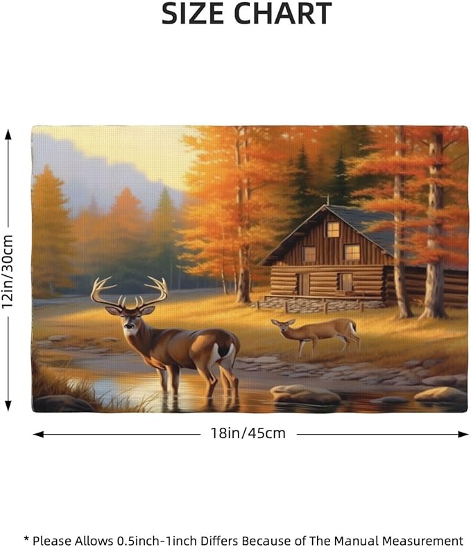 Rustic Deer Placemats, Natural Vintage Old Oil Painting Style Forest Lodge Hunting Elk Wildlife Print Washable Fabric Placemats Table Kitchen Dining Party 12x18 Inch Set of 6