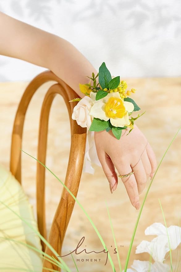 Ling's moment 6pcs Wedding Wrist Corsage Artificial Flowers, Girl/Mother Homecoming Prom Corsages Wristlet Décor, etc. Yellow Blush