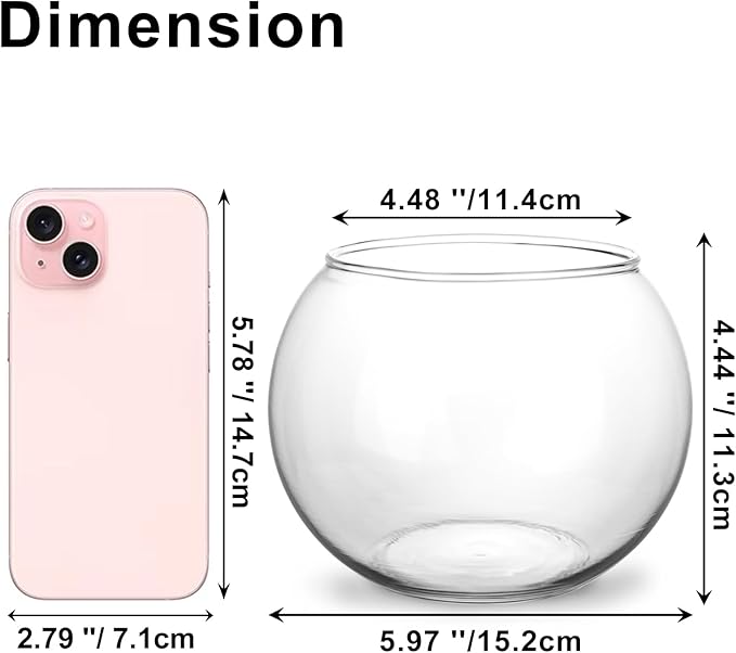 Set of 4 Clear Glass Vases, 6” W x 4.4” H, Round Candle Holders, Bubble Bowl, Flower Vases with Sponge Brush, Decorative Centerpieces for Wedding Home Decor