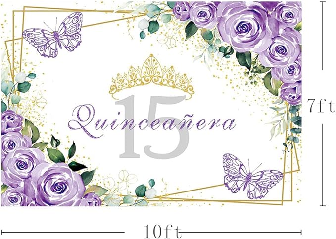 SENDY 10x7ft Quinceañera Backdrop Mis Quince 15 Anos Birthday Party Decoration Supplies for Girl Princess Purple Floral Butterfly Gold Crown Photography Background Banner Photo Booth Studio Prop Vinyl