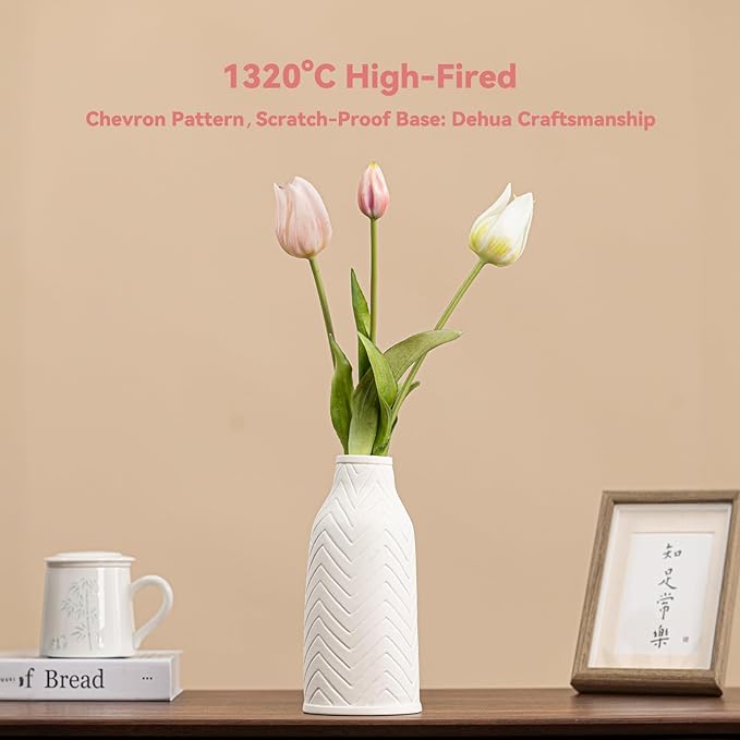 White Ceramic Vase with Chevron Texture - 8.6" Unique Flower Vase for Pampas Grass & Centerpieces, Decorative Boho/Farmhouse Vase for Living Room, Office Desk & Housewarming Gift (for Her/Yourself)